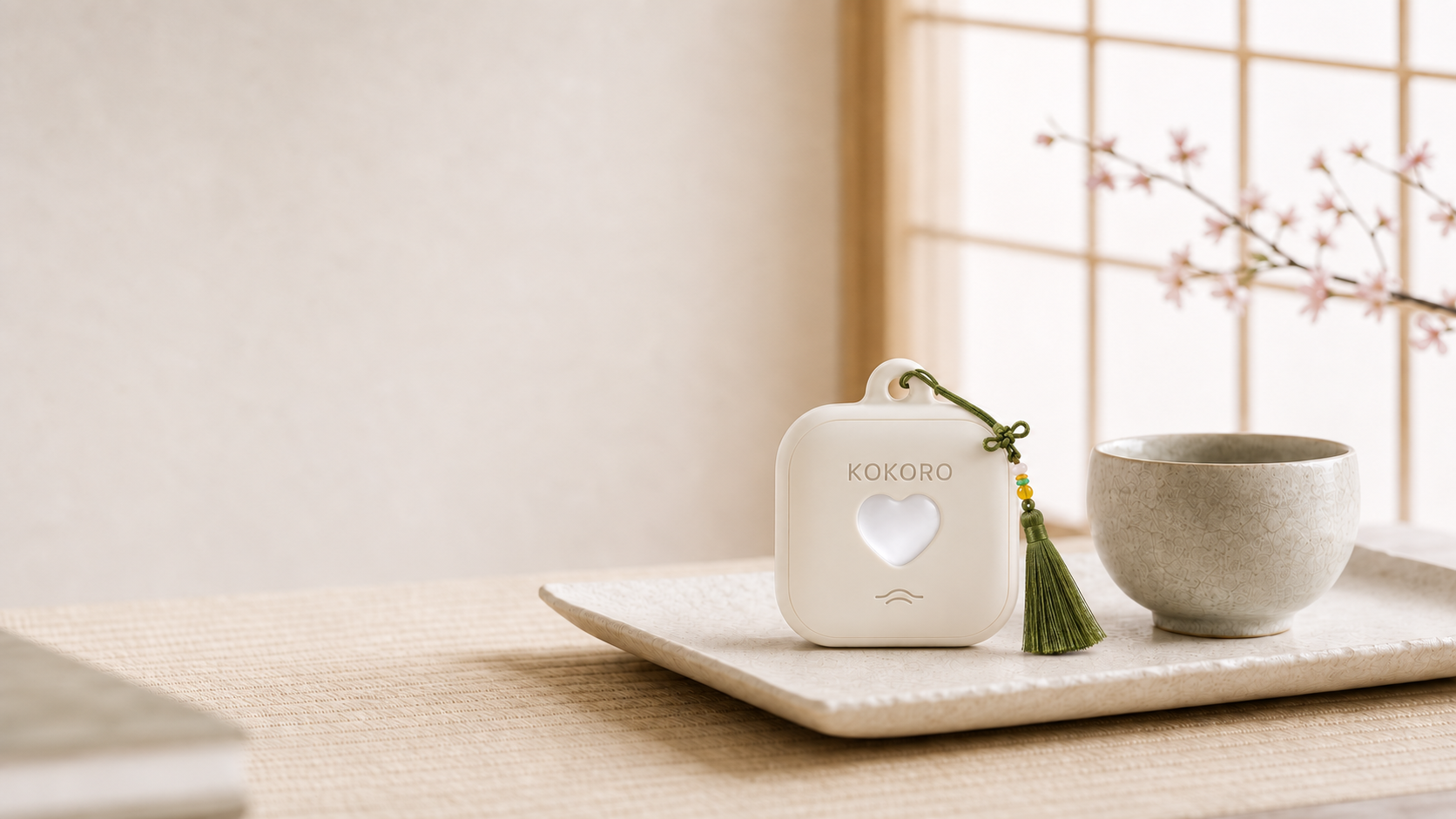 和室の茶器のそばに置かれた KOKORO 東洋占いデバイス